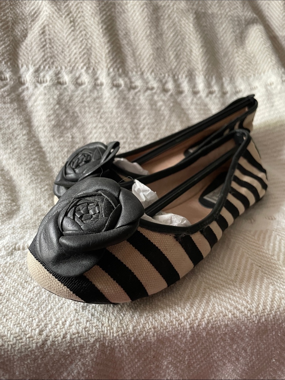 Striped Black and Cream Floral Appliqué Ballet Flats
